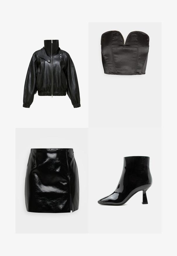 Čierna kožená bunda s vysokým golierom, zipsom a skráteným strihom. Má bočné vrecká a elastické manžety a lem.; Vero Moda VMSALLY CROPPED SIMILI CORSAGE - Top - black; Čierna mini sukňa vyrobená z lesklého materiálu. Má bočný zips a rozparok na pravej strane pre pridaný detail a dizajn. Hladká textura.; Čierna lesklá lakovaná kožená členková obuv s špicatou špičkou a rozšíreným stredne vysokým podpätkom na bielom pozadí.