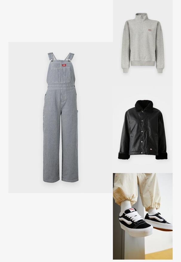 Schwarze Lederjacke mit einem Lammfellkragen, Druckknopfverschluss, Seitentaschen und weich strukturierten Bündchen. Mit Markenlogo-Patch.; Vertikal blau-weiß gestreifte Jeans-Latzhose mit verstellbaren Schulterriemen und einer vorderen Brusttasche mit einem roten Logo-Patch.; Hellgraues Sweatshirt mit Viertelreißverschluss, gerippten Bündchen und Saum, mit einem kleinen mehrfarbigen Logopatch auf der linken Brust.; Person, die schwarz-weiße Vans-Sneaker mit weißen Schnürsenkeln, weißen Socken und beigen Hosen mit elastischen Bündchen trägt.