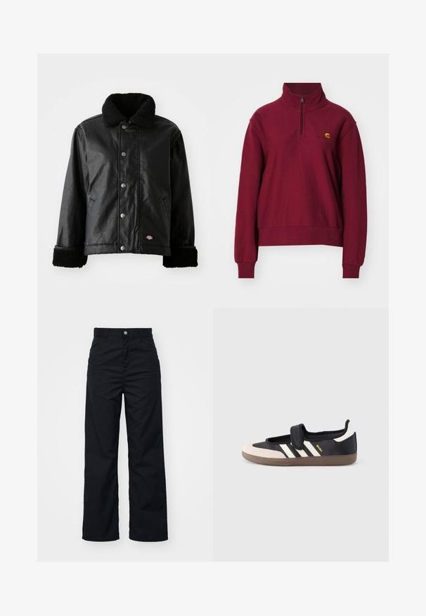 Chaqueta de cuero negra con cuello de borreguillo, cierre de botones a presión, bolsillos laterales y puños de textura suave. Presenta un parche con el logo de la marca.; Carhartt WIP AMERICAN HIGH NECK - Sudadera - malbec; Pantalones de pierna ancha negros, hechos de una tela duradera, con cierre de botón en el frente, dos bolsillos laterales y una textura suave.; Zapatilla negra y beige con una correa de velcro, tres rayas blancas en el lateral y una suela de goma marrón texturizada. Logotipo de la marca visible.