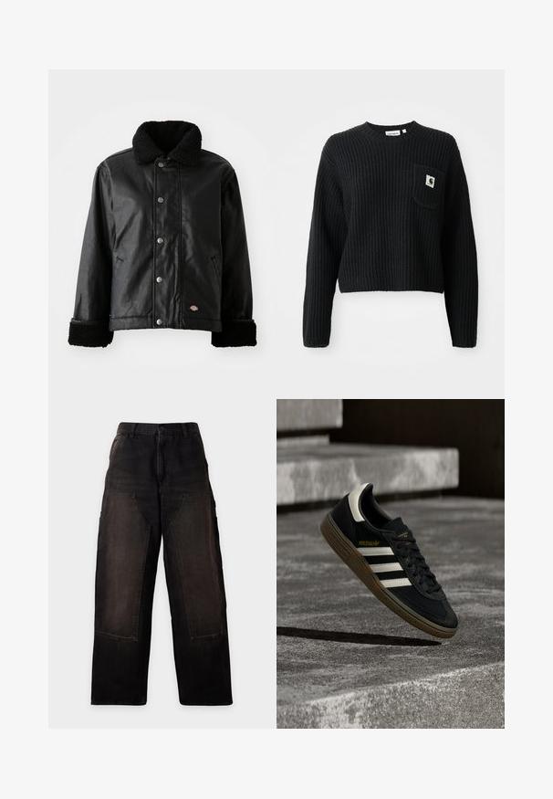 Schwarze Lederjacke mit einem Lammfellkragen, Druckknopfverschluss, Seitentaschen und weich strukturierten Bündchen. Mit Markenlogo-Patch.; Schwarzer gerippter Strickpullover mit rundem Ausschnitt, langen Ärmeln und einer Fronttasche mit einem kleinen Logopatch. Verkürzte Länge.; Schwarze Hosen mit weitem Bein, großen aufgesetzten Vordertaschen und Gürtelschlaufen, vor einem schlichten hellen Hintergrund präsentiert.; Schwarzer Adidas-Sneaker mit weißen Streifen und Gummisohle schwebt über grauen Betonstufen im natürlichen Licht.