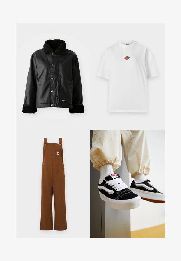 Chaqueta de cuero negra con cuello de borreguillo, cierre de botones a presión, bolsillos laterales y puños de textura suave. Presenta un parche con el logo de la marca.; Camiseta blanca de manga corta con cuello redondo y un pequeño logo colorido de Dickies centrado en el pecho sobre un fondo liso.; Mono marrón de pernera ancha con tirantes ajustables, bolsillo en el pecho con el logotipo de la marca y botones de presión laterales.; Persona que lleva zapatillas Vans negras y blancas con cordones blancos, calcetines blancos y pantalones beige con puños elásticos.