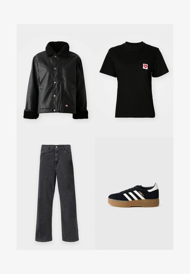 Chaqueta de cuero negra con cuello de borreguillo, cierre de botones a presión, bolsillos laterales y puños de textura suave. Presenta un parche con el logo de la marca.; Camiseta de algodón negra con cuello redondo y mangas cortas. Cuenta con un bolsillo frontal con un logo de corazón rojo y texto blanco.; Jeans de mezclilla negra con corte recto, que cuentan con un cierre de botón metálico, cinco bolsillos y costuras visibles. Textura suave y color apagado.; Zapatilla de ante negra con tres franjas blancas y logotipo dorado. Suela de goma con agarre texturizado. Diseño clásico de corte bajo, punta redondeada.