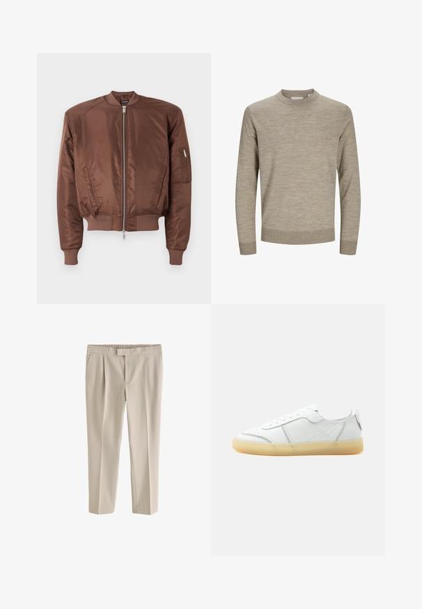 Brun bomberjakke lavet af glat stof, med lynlåsfortil, ribbet manchetter, sidelommer og en ekstra lynlåslomme på ærmet.; Beige langærmet rundhalset sweater med ribstrikkede ærmekanter og kant, vist på hvid baggrund.; Beige skræddersyede bukser med lige ben, frontplisseringer, sidelommer og en lukkemekanisme med krog og stang i taljen.; Hvid lavtop læder sneaker med beige gennemsigtig sål, snørelukning foran og minimal syning, vist fra siden mod en ensfarvet baggrund.