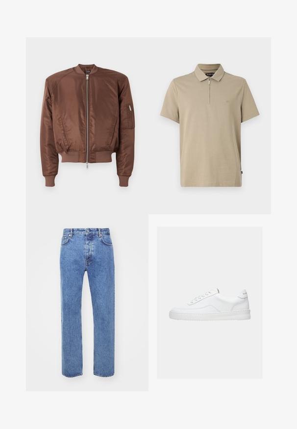 Chaqueta bomber marrón hecha de una tela suave, con cierre de cremallera en la parte delantera, puños acanalados, bolsillos laterales y un bolsillo adicional con cremallera en la manga.; Polo de manga corta beige con cuello con cremallera. Presenta un logo bordado "MK" en el pecho. Material de algodón suave, corte relajado.; Won Hundred STEVE - Vaqueros boyfriend - cut blue; Zapatilla deportiva blanca de corte bajo con diseño con cordones, parte superior de cuero liso y suela gruesa, vista de lado sobre un fondo liso.