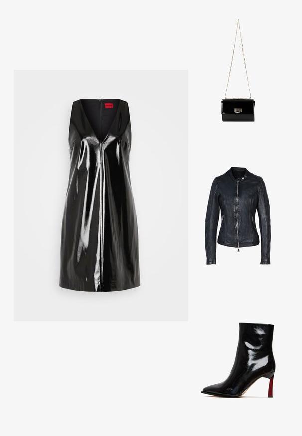 Schwarze Lederjacke mit Frontreißverschluss, Stehkragen, seitlichen Reißverschlusstaschen und detaillierten Nähten an Ärmeln und Körper.; Schwarzes, ärmelloses Kleid mit V-Ausschnitt und glänzend-reflektierender Oberfläche; verfügt über einen zentralen Reißverschluss und ein minimalistisches Design.; Schwarzer Stiefelette aus Lackleder mit spitz zulaufender Spitze und rotem Akzent am Stilettoabsatz. Glatte Textur und elegantes Design.; Schwarz glänzende Handtasche aus Lackleder mit einem goldenen Kettenriemen, rechteckige Form, mit einem Verschluss mit Klappe und einem metallischen Logo-Akzent.