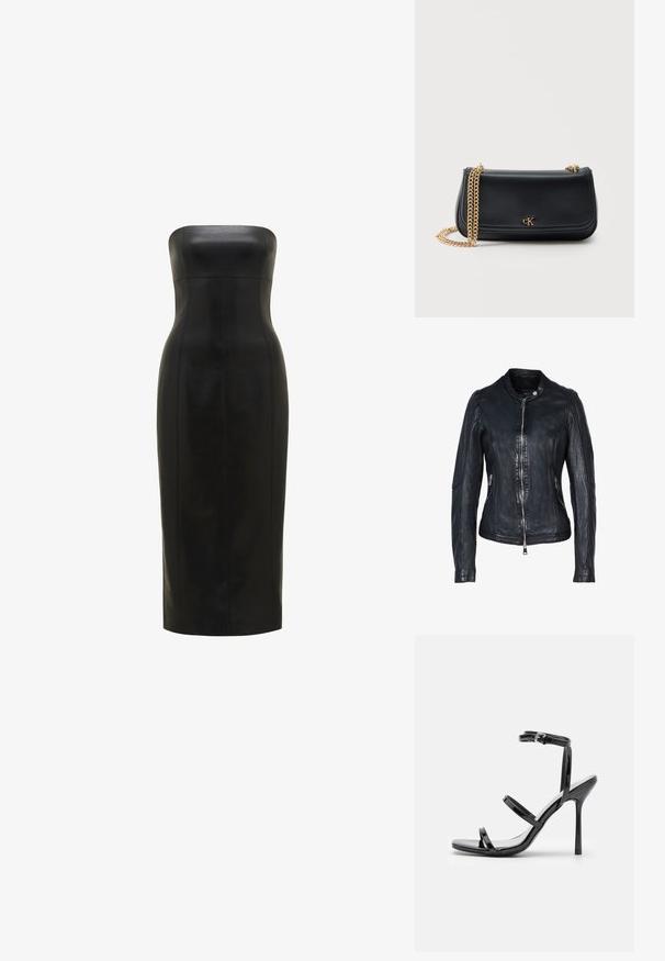 Zwarte leren jas met een ritssluiting aan de voorkant, opstaande kraag, ritssluitingen aan de zijkanten en gedetailleerd stiksel op de mouwen en het lijf.; Zwarte, strapless leren jurk met een getailleerde silhoutte, knie-lang, gladde textuur en verticale naden voor definitie.; Zwarte gepatineerde leren hoge hak sandalen met drie horizontale banden en een verstelbare enkelband. Slanke silhouette en glanzende afwerking.; Zwarte leren schoudertas met gouden kettingriem en klein gouden "cK"-logo in het midden van de voorflap tegen een effen achtergrond.