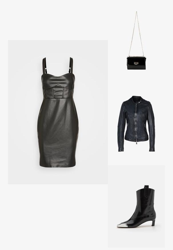 Schwarze Lederjacke mit Frontreißverschluss, Stehkragen, seitlichen Reißverschlusstaschen und detaillierten Nähten an Ärmeln und Körper.; Schwarzes Kunstlederkleid mit taillierter Silhouette, dünnen Trägern und einem strukturierten, gepolsterten Oberteil mit vertikalen Nähten. Glatte Textur.; ALOHAS SHIMMER BICOLOR BOOTS - Stiefelette - black/silver; Schwarz glänzende Handtasche aus Lackleder mit einem goldenen Kettenriemen, rechteckige Form, mit einem Verschluss mit Klappe und einem metallischen Logo-Akzent.