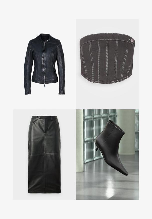 Schwarze Lederjacke mit Frontreißverschluss, Stehkragen, seitlichen Reißverschlusstaschen und detaillierten Nähten an Ärmeln und Körper.; NA-KD CONTRAST STITCHING CORSET - Top - dark grey; Schwarze Leder-Bleistiftrock mit hoher Taille, verdecktem Reißverschluss und Fronttaschen, mit glatter Textur und Nahtdetails.; Schwarzer Leder-Knöchelstiefel mit spitzer Spitze und kleinem Absatz vor einer Wand aus Glasbausteinen und einem polierten Boden.