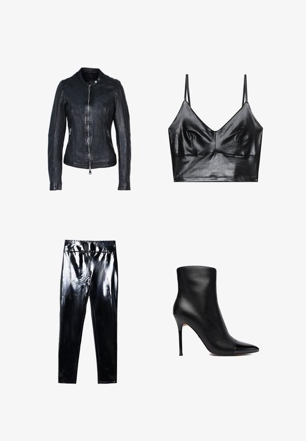 Schwarze Lederjacke mit Frontreißverschluss, Stehkragen, seitlichen Reißverschlusstaschen und detaillierten Nähten an Ärmeln und Körper.; Schwarzer, glänzender Bralette mit dünnen verstellbaren Trägern, V-Ausschnitt, glatter Textur und dezentem Gather an der Brust für eine schöne Form.; Schwarze, hochglänzende Leggings mit glatter, glänzender Oberfläche. Elastischer Bund und figurbetontes Design mit schmal zulaufendem Bein.; Schwarzer Lederknöchelstiefel mit spitzer Lackzehe und schlankem hohem Stilettoabsatz, von der Außenseite vor weißem Hintergrund gezeigt.