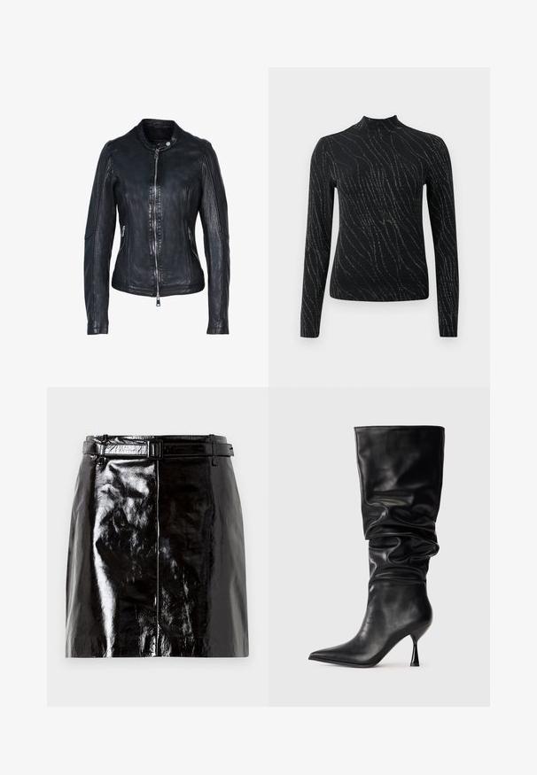 Schwarze Lederjacke mit Frontreißverschluss, Stehkragen, seitlichen Reißverschlusstaschen und detaillierten Nähten an Ärmeln und Körper.; Schwarzes Langarmoberteil mit hohem Ausschnitt, das ein welliges Muster aus silbernen Funkeln auf einem strukturierten Stoff zeigt. Figurbetontes Design.; Schwarzer, glänzender Leder-Minirock mit passendem Gürtel und zentralen Nahtdetails.; Schwarze Lederstiefel bis zum Knie mit einem lässigen Design, spitzem Zehenbereich und dünnem Stiletto-Absatz. Sie verfügen über eine glatte Textur und minimale Akzente.