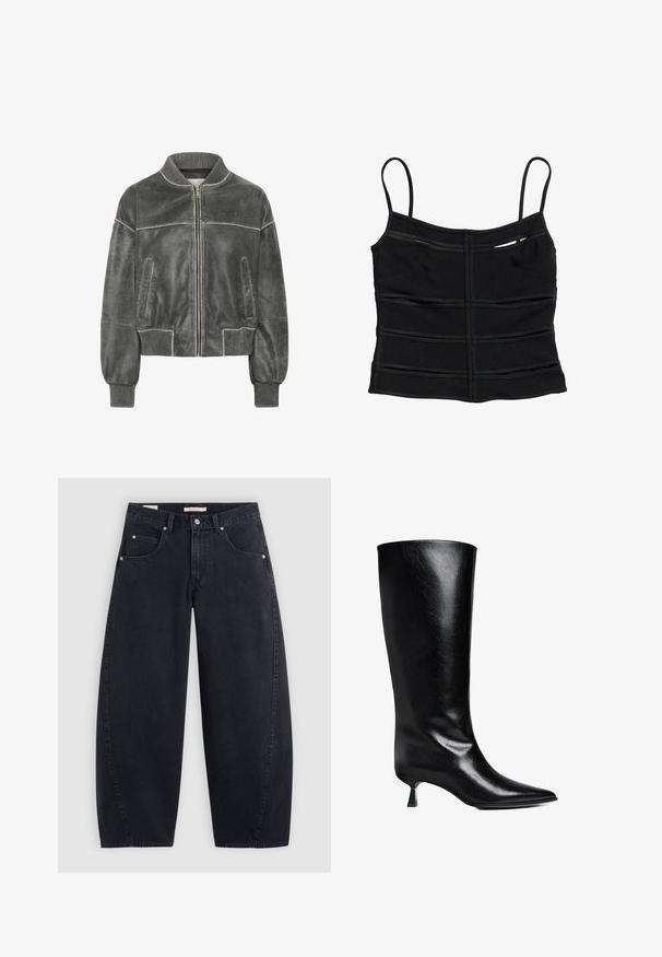 Grå læder bomberjakke med ribbet krave. Har en frontlynlås, to sidelommer og struktureret stof med synlige syninger.; Sort tætsiddende crop top med tynde skulderstropper og vandrette sømdetaljer på stoffet.; Sorte denim wide-leg jeans med høj talje, to frontlommer og sølvhardware. Glat tekstur, minimale stikninger og lige snit.; Sort læderknæhøje støvler med spidse tæer, slank silhuet og en lav blokhæl med en blank finish.