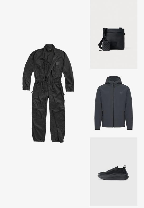 Hooded jack in donkergrijs, gemaakt van glad, weersbestendig materiaal. Voorzien van een voorrits, zijvakjes en een minimalistische logo-accent.; Brandit BRANDIT HERREN EINSATZKOMBI - Jumpsuit - black; Zwarte sportieve schoen met een bovenkant van mesh, textuurrijke accenten en een dikke rubberen zool. Voorzien van een trekbandje bij de hak en vetersluiting.; Zwarte nylon schoudertas met een gestructureerde vorm, verstelbare schouderband en een kleine bijpassende tas met een geometrisch patroon.