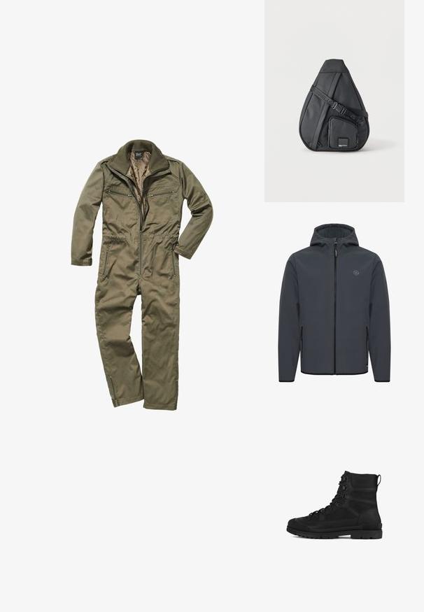 Hooded jack in donkergrijs, gemaakt van glad, weersbestendig materiaal. Voorzien van een voorrits, zijvakjes en een minimalistische logo-accent.; Olijfgroene jumpsuit gemaakt van duurzaam weefsel, met een ritssluiting aan de voorkant, geribde kraag en meerdere met rits afsluitbare zakken op de borst en zijkanten.; Zwarte wandelboot met een hoog enkelontwerp, gemaakt van synthetisch materiaal, voorzien van een gestructureerde afwerking, versterkte neuskap en metalen veteroogjes.; Zwarte druppelvormige crossbodytas met verstelbare band en voorvak met rits met een klein merklogo.