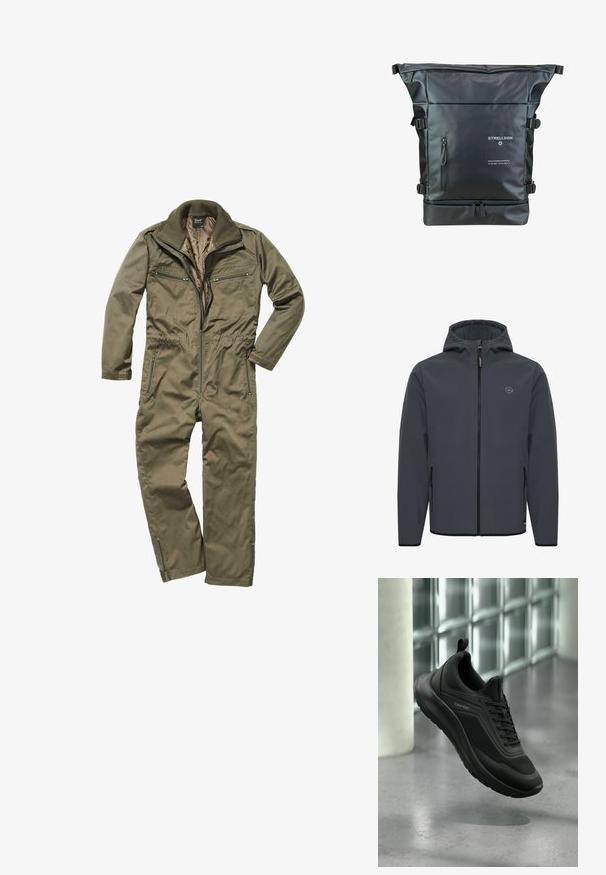 Hættejakke i mørkegrå, lavet af glat, vejrbestandigt stof. Har en frontlynlås, sidelommer og en minimalistisk logoaccent.; Oliven grønt jumpsuit lavet af holdbart stof, med lynlås foran, ribbet krave og flere lynlåslommer på brystet og siderne.; Sort Calvin Klein-sneaker med mesh og syntetisk overdel, tyk sål og snørebånd, der svæver over et gråt gulv nær glasblokke.; Sort rulle-top rygsæk lavet af vandtæt materiale. Har justerbare stropper, en frontlomme med lynlås og trykte branddetaljer.