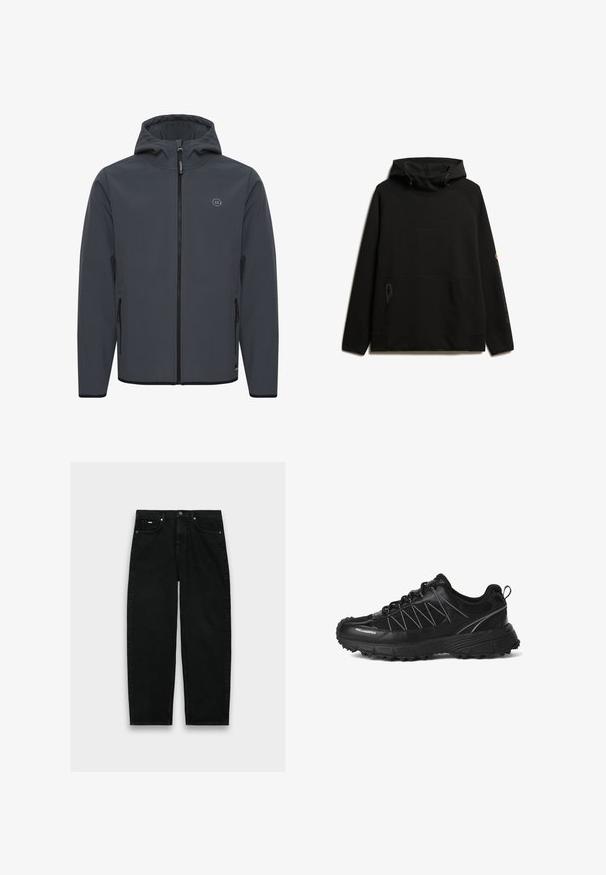 Chaqueta con capucha en gris oscuro, fabricada en un tejido suave y resistente a las inclemencias del tiempo. Presenta un cierre frontal con cremallera, bolsillos laterales y un acento de logo minimalista.; Sudadera con capucha negra, con cordón en la capucha, bolsillo tipo canguro y detalles del logo en la manga. Fabricada con un tejido suave de textura lisa.; Vaqueros negros de talle alto y pierna recta con cinco bolsillos, cierre de botón y trabillas para cinturón sobre fondo blanco.; Zapatilla negra de corte bajo con suela gruesa y con dibujo, parte superior de malla y material sintético, cierre de cordones, tira para tirar en el talón y logo "KARLLAGERFELD" en el lateral.