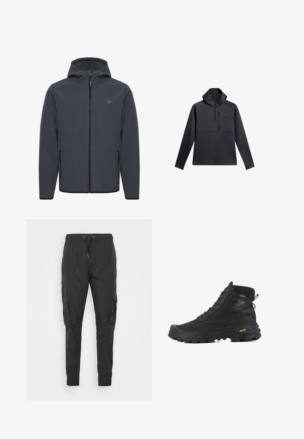 Chaqueta con capucha en gris oscuro, fabricada en un tejido suave y resistente a las inclemencias del tiempo. Presenta un cierre frontal con cremallera, bolsillos laterales y un acento de logo minimalista.; Sudadera negra con capucha, con cierre de un cuarto en la parte delantera, mangas raglán y bolsillo de pecho con cremallera; textura suave y diseño atlético.; Pantalones cargo negros hechos de un tejido ligero, con una cintura ajustable con cordón, puños elásticos y dos bolsillos laterales.; Botas altas negras con superficie texturizada, que cuentan con un diseño impermeable, sistema de cordones y una suela de goma prominente con la marca Vibram.