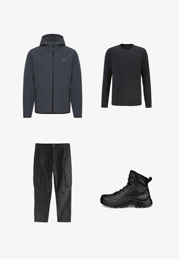 Hooded jack in donkergrijs, gemaakt van glad, weersbestendig materiaal. Voorzien van een voorrits, zijvakjes en een minimalistische logo-accent.; Zwarte longsleeve t-shirt van gladde katoen, met een ronde halslijn en een simpel, recht gesneden ontwerp.; Zwarte cargobroek met ritssluitingen op de voorzakken, knoopsluitingen op de zijflapzakken en riemlussen, weergegeven tegen een witte achtergrond.; Zwarte hoge wandelschoen met gevoerde enkel, veterhaken, robuuste zool en treklus bij de hiel, ontworpen voor buitengebruik en koud weer.