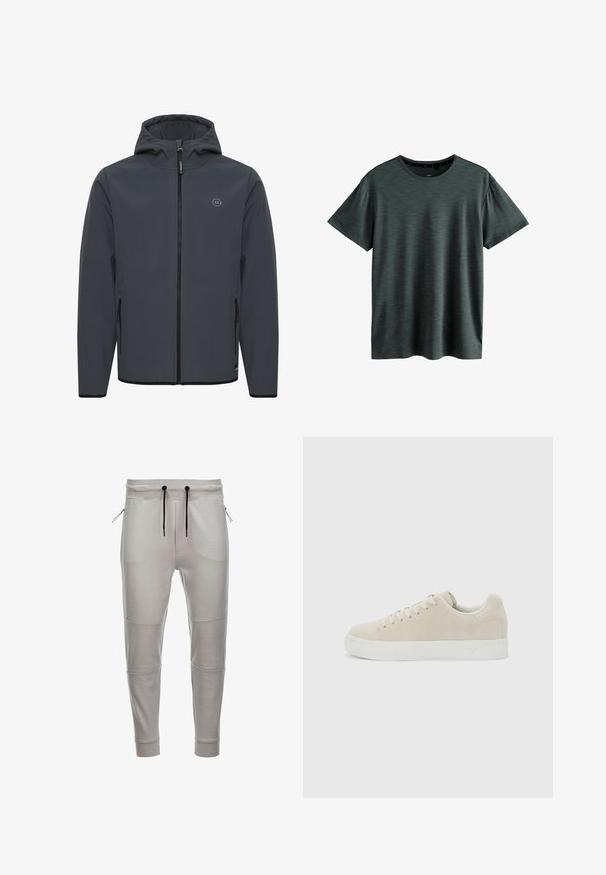 Chaqueta con capucha en gris oscuro, fabricada en un tejido suave y resistente a las inclemencias del tiempo. Presenta un cierre frontal con cremallera, bolsillos laterales y un acento de logo minimalista.; Camiseta gris oscuro hecha de un tejido suave y texturizado. Presenta un clásico cuello redondo y mangas cortas con un sutil patrón. Sin logotipos visibles.; Pantalones de chándal gris claro hechos de una tela suave, con cintura elástica, cordones negros, bolsillos laterales con cremallera y puños acanalados en los tobillos.; Zapatilla beige de corte bajo con cordones en la parte delantera y suela gruesa de goma blanca sobre un fondo liso gris claro.