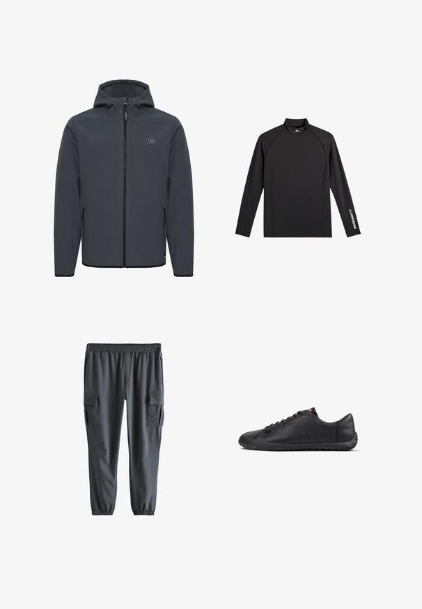 Kapucňová bunda v tmavošedej farbe, vyrobená z hladkej, poveternostným podmienkam odolnej látky. Obsahuje predný zips, bočné vrecká a minimalistický logotyp.; Čierne športové tričko s dlhým rukávom s imitáciou poloroláka, priliehavý strih a biele logo "J.Lindeberg" na ľavom rukáve a golieri.; Tmavomodré cargo nohavice s elastickým pásom a lemami, so zipsovými bočnými vreckami a vreckami na gombík na každom stehne.; Čierna nízka kožená teniska so šnurovaním vpredu, textúrovanou podrážkou a malou červenou logovou záložkou na jazyku, zobrazená z bočného pohľadu.