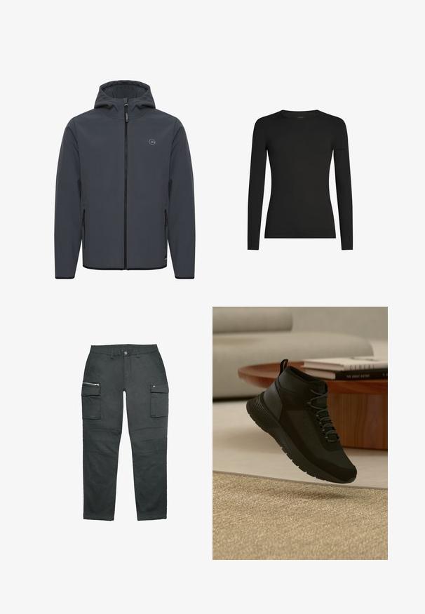 Hættejakke i mørkegrå, lavet af glat, vejrbestandigt stof. Har en frontlynlås, sidelommer og en minimalistisk logoaccent.; Sort, tætsiddende langærmet T-shirt med rund hals og et diskret Icebreaker-logo på venstre ærme, vist på en hvid baggrund.; Sorte cargo bukser lavet af slidstærkt stof, med to sidelommer og en forlommelomme, samt design med lige ben.; Sort høj-top sneaker med snørebånd, der svæver over beige tæppe, træ rundt bord med stabler af bøger i et lyst, moderne opholdsrum.