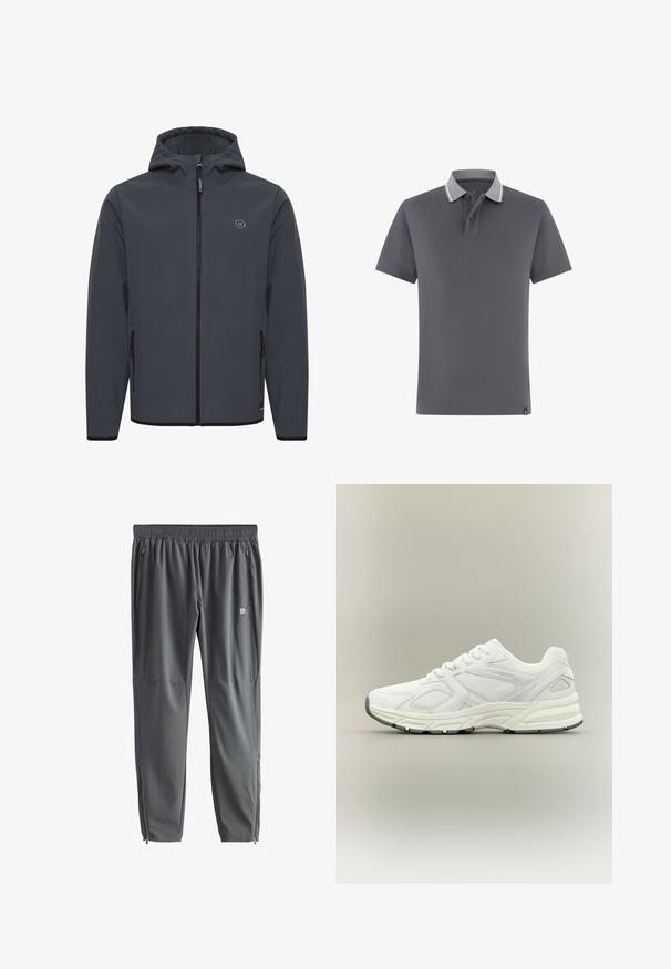 Chaqueta con capucha en gris oscuro, fabricada en un tejido suave y resistente a las inclemencias del tiempo. Presenta un cierre frontal con cremallera, bolsillos laterales y un acento de logo minimalista.; Polo de manga corta color gris oscuro con dos botones y un ribete gris claro en el cuello sobre fondo blanco.; Pantalones deportivos gris oscuro con cinturilla elástica, bolsillos laterales con cremallera y cremalleras en los tobillos, mostrados planos sobre fondo blanco.; Zapatilla deportiva blanca con superposiciones de malla y material sintético, cierre de cordones, suela gruesa acolchada y marca sutil en el panel lateral.
