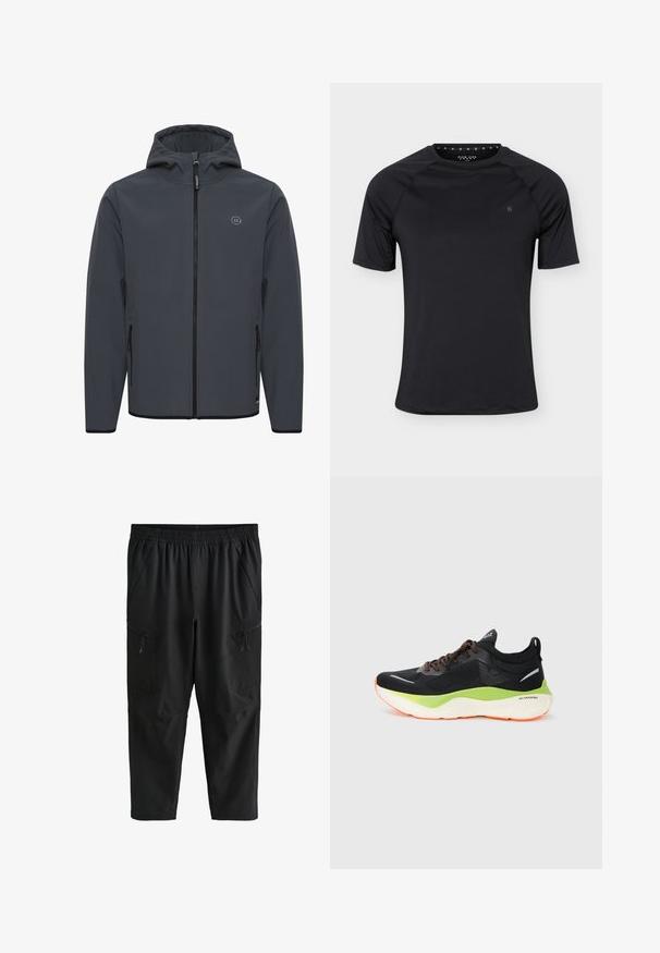 Chaqueta con capucha en gris oscuro, fabricada en un tejido suave y resistente a las inclemencias del tiempo. Presenta un cierre frontal con cremallera, bolsillos laterales y un acento de logo minimalista.; Camiseta deportiva negra de manga corta con cuello redondo y pequeño logo en el pecho izquierdo, mostrada sobre un fondo liso y claro.; Pantalones negros con cintura elástica, bolsillos laterales con cremallera y un corte cómodo, diseñados para uso casual o deportivo.; Zapatilla deportiva negra con suela verde y blanca, acentos naranjas, lados texturizados y cordones sobre un fondo gris claro liso.