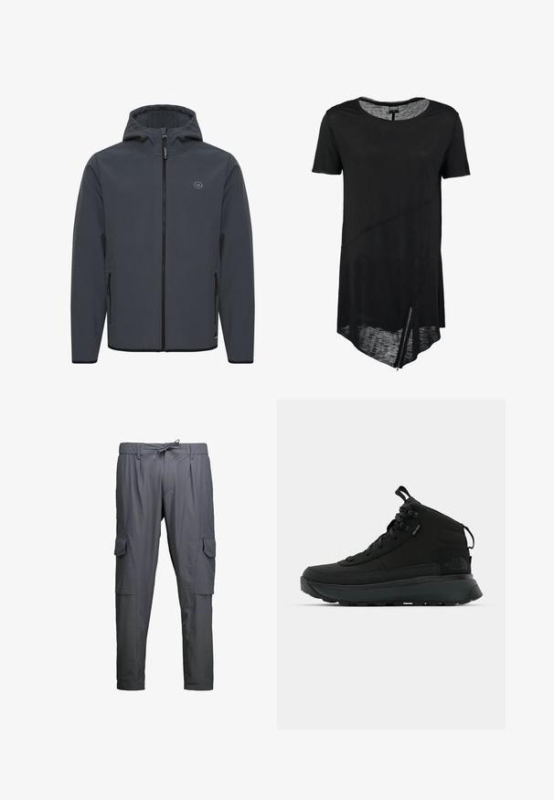 Kapucňová bunda v tmavošedej farbe, vyrobená z hladkej, poveternostným podmienkam odolnej látky. Obsahuje predný zips, bočné vrecká a minimalistický logotyp.; Čierne tričko s krátkymi rukávmi, okrúhlym výstrihom, asymetrickým lemom, priesvitnou textúrou a bočným zipsom. Mäkko, ľahký materiál.; Tmavošedé pracovné nohavice s bočnými vreckami na klapku, pútkami na opasok a predným sťahovacím šnúrkou.; Čierne polovičkové hikingové topánky s textúrovaným textilným vrchom, zosilnenou špičkou, bezpečným systémom šnurovania a polstrovanou podrážkou pre lepšiu trakciu.