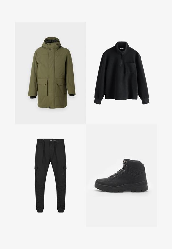 Olijfgroene parka met een capuchon, voorzien van twee voorzakken, een rechte snit en zwarte elastische manchetten. Gemaakt van gestructureerde, duurzame stof.; Zwarte fleece pullover met kwartrits aan de voorkant, hoge kraag, lange mouwen, geribde boorden en een borstzak.; Zwarte cargobroek met trekkoord in de taille, knoopsluiting, zijflapzakken en elastische boorden.; Zwarte mid-ankel laarzen van suede. Voorzien van metalen oogjes, veters en een gestructureerde rubberen zool met een versterkte hiel.