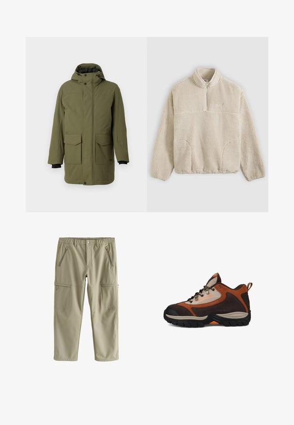 Oliven grøn parka med hætte, der har to forreste lomme med lap, en lige pasform og sorte elastiske manchetter. Fremstillet af tekstureret, slidstærkt stof.; Beige fleecepullover med lynlåslukning ved kraven, tekstureret overflade, forlommer og en vandret søm tværs over brystet.; Knælange cargobukser i lys beige, lavet af glat stof. Indeholder to lynlåslommer foran og to sidelommer med klap.; Brun og beige vandresko med sort sål, metaløjer, bånd ved hælen og "DC SHOE CO USA" branding på siden.