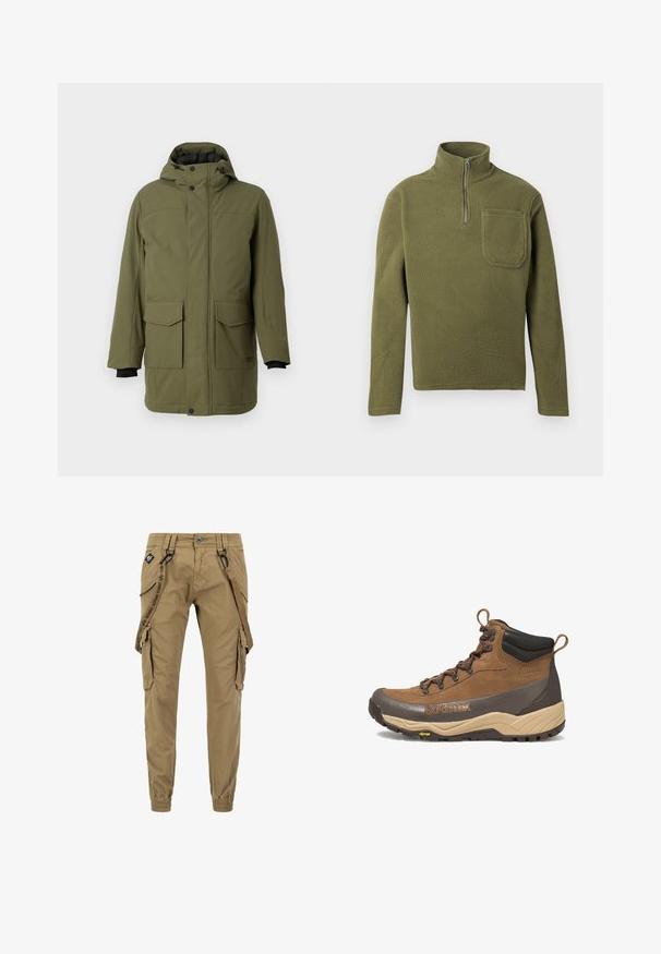 Oliven grøn parka med hætte, der har to forreste lomme med lap, en lige pasform og sorte elastiske manchetter. Fremstillet af tekstureret, slidstærkt stof.; Oliven grøn fleece-pullover med halvlukket krave, lange ærmer og en brystlomme. Blød tekstur med et holdbart design.; Khaki cargo bukser med elastiske manchetter, flere sidelommer og justerbare stropper. Fremstillet af slidstærkt, struktureret stof med en afslappet pasform.; Brun og beige vandrestøvle i mellem højde med sort polstret krave, Gore-Tex-logo, metaløjer og Vibram-ydersål.