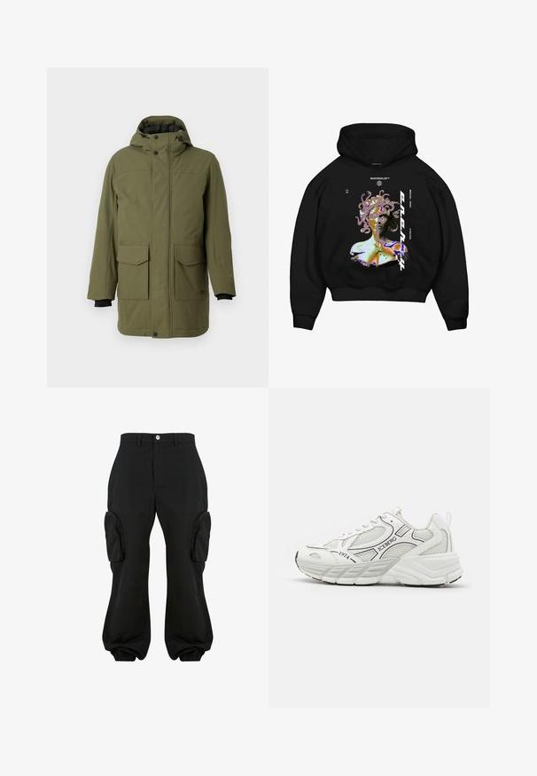 Olijfgroene parka met een capuchon, voorzien van twee voorzakken, een rechte snit en zwarte elastische manchetten. Gemaakt van gestructureerde, duurzame stof.; Zwarte hoodie met een multikleurige graphic van een Medusa-achtige figuur, met opvallende tekst en een voorkangoeroezak.; Zwarte cargobroek met een relaxte pasvorm, voorzien van twee zijvakjes, elastische boorden bij de enkels en een knoopsluiting in de taille.; Witte sportschoenen met meshpanelen, gestructureerde overlays, zwarte accenten en een dikke zool. Kenmerken van het merk "ICEBERG" en het jaar "1974."