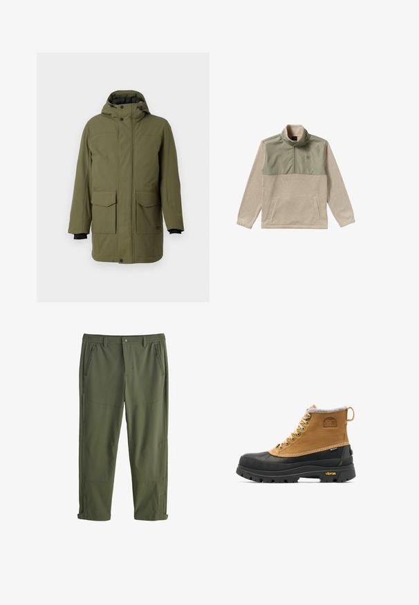 Oliven grøn parka med hætte, der har to forreste lomme med lap, en lige pasform og sorte elastiske manchetter. Fremstillet af tekstureret, slidstærkt stof.; Fleece pullover i beige og olivengrøn med halvlukket design, høj krave og to sidelommer. Glat tekstur på det øverste panel.; Grønne, letvægts udendørsbukser med elastisk talje, flere lynlåslommer og forstærkede sømme. Justerbare manchetter.; Brun og sort isoleret snørestøvle til vinter med gummisål og Vibram-mønster, med Sorel- og Gore-Tex-logoer.