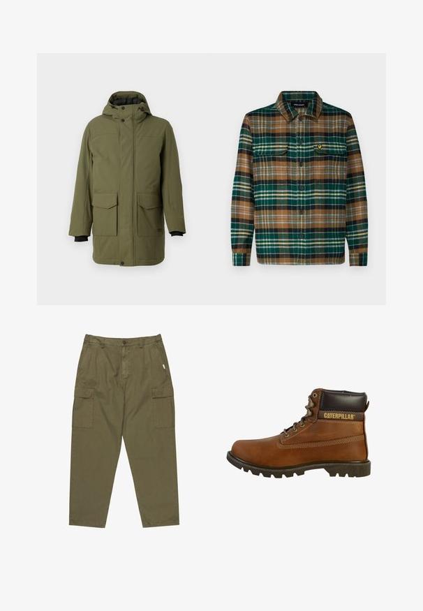 Oliven grøn parka med hætte, der har to forreste lomme med lap, en lige pasform og sorte elastiske manchetter. Fremstillet af tekstureret, slidstærkt stof.; Skjorte i ternet flannel i grøn, brun og sort med knaplukning fortil, to brystlommer og et lille broderet logo på venstre lomme.; Olivenfarvede cargo bukser lavet af bomuld, med knaplukning foran, sidelommer og to store cargo lommer på lårene.; Brune læderarbejdssko med høj ankel, robust sål, metaløjer og en mørkebrun polstret krave. Har "Caterpillar"-branding.