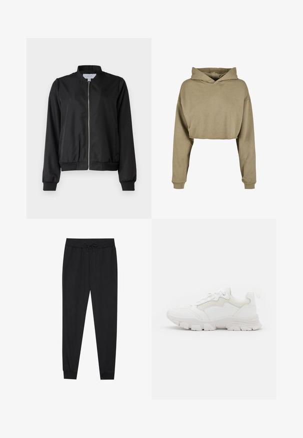 Zwarte bomberjack met een ritssluiting aan de voorkant, ronde kraag, elastische manchetten en tailleband. Gemaakt van gladde stof met zijzakken.; Cropped hoodie in licht kaki, gemaakt van zacht materiaal. Voorzien van een ruime capuchon, lange mouwen en geribbelde boorden. Gladde textuur en minimale details.; Zwarte sweatpants van zachte stof, met een elastische tailleband met een trekkoord, taps toelopende benen en geribbelde boorden bij de enkels.; NA-KD CONTRAST SOLE TREKKING - Sneakers laag - white