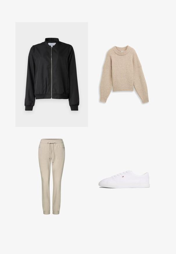 Sort bomberjakke med lynlås fortil, rund krave, elastiske ærmer og talje. Fremstillet af glat stof med sidelommer.; Beige cropped sweater lavet af blødt strikket stof. Har en ribbet rund halsudskæring og brede, ballonlignende ærmer med ribbede manchetter.; Lys beige joggerbukser med elastisk talje og snor, med sidelommer og en tapered ben-design.; Hvid lavsko med snørelukning og lille rød, hvid og blå logo på siden, flad gummisål.