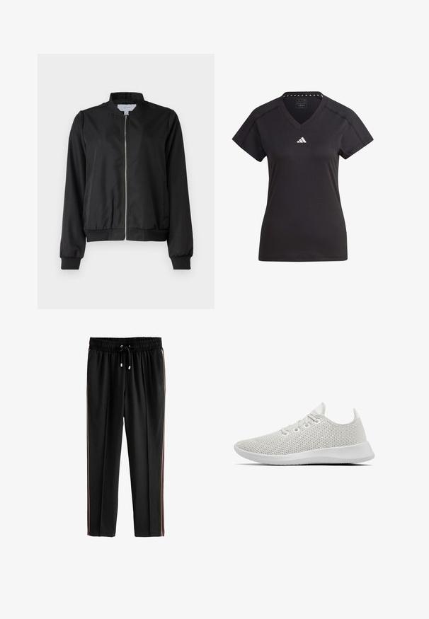 Schwarze Bomberjacke mit Reißverschluss vorne, rundem Kragen, elastischen Bündchen und Saum. Hergestellt aus glattem Stoff mit seitlichen Taschen.; Schwarzes Sport-T-Shirt mit V-Ausschnitt, kurzen Ärmeln und weißem Logo auf der Brust. Verfügt über einen strukturierten Kragen mit wiederholten dreieckigen Mustern.; Next PETITE - Jogginghose - black; Allbirds TREE RUNNERS - Sneaker low - kaikoura white (white sole)