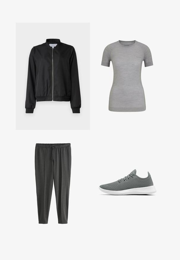 Schwarze Bomberjacke mit Reißverschluss vorne, rundem Kragen, elastischen Bündchen und Saum. Hergestellt aus glattem Stoff mit seitlichen Taschen.; Hellgraues Sportshirt mit kurzen Ärmeln, atmungsaktiver Textur und gemustertem Mesh-Detail. FALKE-Logo auf der Vorderseite. Rundhalsausschnitt.; Dunkelgraue, leichte Jogginghosen aus weichem Stoff. Verfügen über einen elastischen Bund mit Kordelzug und zulaufende Beine. Glatte Textur.; Allbirds TREE RUNNERS - Sneaker low - mist