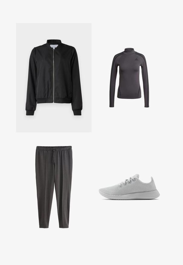 Chaqueta bomber negra con cierre frontal de cremallera, cuello redondeado, puños elásticos y cinturilla. Fabricada con un tejido suave y con bolsillos laterales.; Top gris de manga larga con un cuello alto, que presenta un tejido texturizado y franjas negras decorativas en los hombros, con un logo de Adidas en el pecho.; Pantalones casuales de color gris oscuro con cintura elástica y cordón, piernas ajustadas, hechos de tela suave.; Allbirds TREE RUNNER - Zapatillas - light grey light grey sole