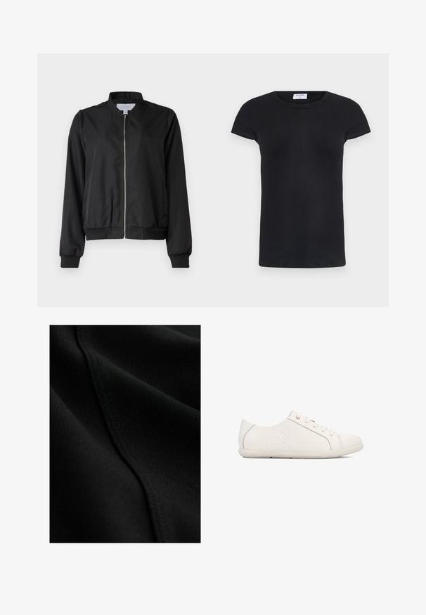 Schwarze Bomberjacke mit Reißverschluss vorne, rundem Kragen, elastischen Bündchen und Saum. Hergestellt aus glattem Stoff mit seitlichen Taschen.; Schwarzes geripptes T-Shirt mit rundem Halsausschnitt und kurzen Ärmeln. Weicher Stoff mit figurbetonter Passform, ausgestattet mit einem Etikett am Hals.; Nahaufnahme eines schwarzen Stoffes mit feiner gerippter Textur und sichtbarer Naht, die diagonal über die Oberfläche verläuft.; Weiße Sneakers mit strukturierter Oberfläche, Schnürdesign, abgerundeter Spitze und Branding an der Seite. Verfügen über dezente Nähte und eine Gummisohle.