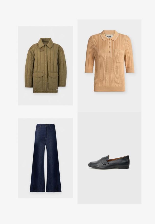 Veste matelassée vert olive avec fermeture frontale à boutons-pression, deux grandes poches à rabat et un large col avec une languette supplémentaire à bouton-pression.; Polo beige en maille à manches courtes avec motifs verticaux texturés, poche avant, patte de boutonnage et bordure contrastante blanche sur le col.; Jean denim bleu foncé à jambes larges avec bouton à l'avant et poches, présenté sur un fond clair uni.; Mocassin en cuir noir avec bout arrondi, détail de couture subtil et talon plat. Texture lisse avec une silhouette simple.