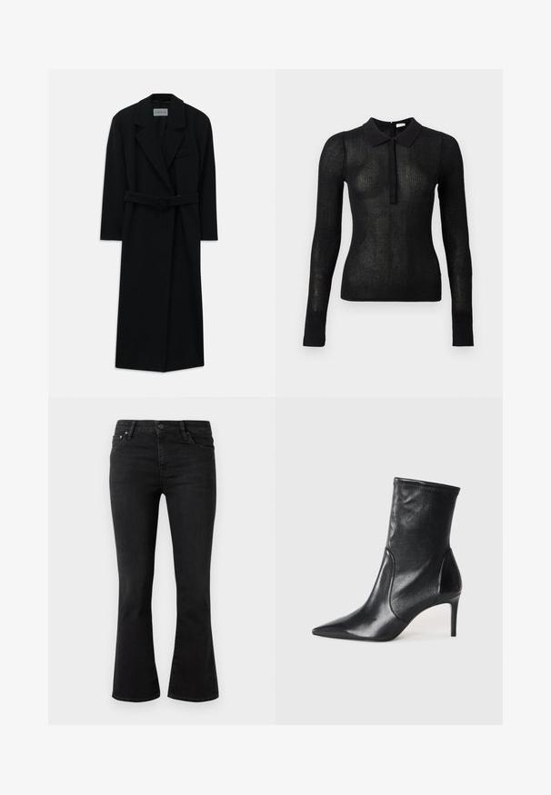 Manteau noir à ceinture, avec de grands revers et des manches longues. Dispose d'une poche unique sur la poitrine et d'une silhouette droite. Texture lisse.; Haut en tricot noir à manches longues, ajusté, avec une texture transparente et un col uni, patte de boutonnage à l'avant, présenté sur un fond uni.; Jean noir évasé en denim, avec un design classique à 5 poches, fermeture à bouton à l'avant et léger délavage sur les cuisses.; Bottes noires à la cheville en cuir lisse, dotées d'un bout pointu, d'un tige ajustée et d'un talon haut fin. Design minimaliste sans quincaillerie visible.