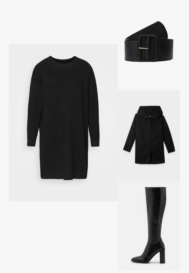 Manteau noir à manches longues, large capuche structurée et coupe droite, présenté à plat sur un fond clair, sans boutons ni fermetures éclair visibles.; Robe tricotée noire avec une texture côtelée, encolure ronde, manches longues et coupe droite, s'étendant jusqu'à mi-thigh.; Bottes en cuir noir jusqu'au genou avec un bout pointu et un talon épais. Texture lisse avec des accents minimaux et un design de tige ajustée.; Ceinture en cuir noir avec une boucle en argent rectangulaire, texture lisse et extrémité conique. Le design est simple et fonctionnel.