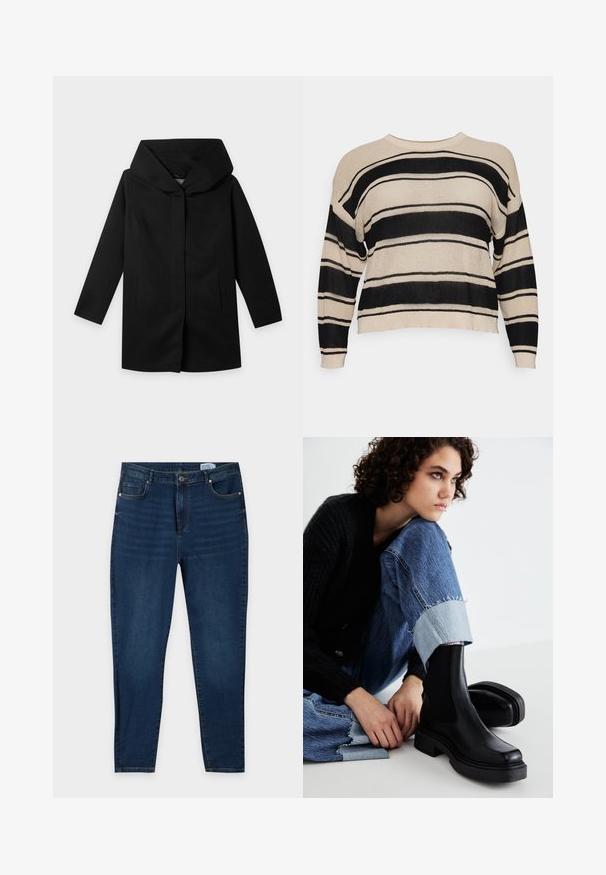 Abrigo negro de manga larga con capucha ancha y estructurada y corte recto, mostrado plano sobre un fondo claro, sin botones ni cremalleras visibles.; Object Curve Jersey de punto - sandshellstripes:black; Vaqueros de mezclilla azul oscuro con pierna entallada, cinco bolsillos, botón delantero y trabillas para cinturón, colocados planos sobre un fondo blanco.; Botas negras de tobillo con paneles laterales elásticos, suela gruesa y punta cuadrada. Combinadas con unos jeans azules desgastados que presentan un dobladillo deshilachado.