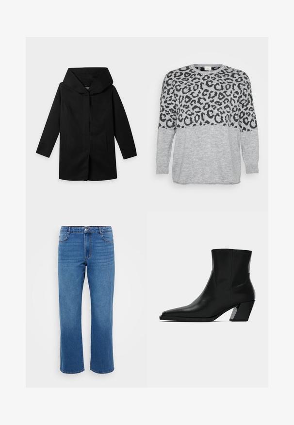 Manteau noir à manches longues, large capuche structurée et coupe droite, présenté à plat sur un fond clair, sans boutons ni fermetures éclair visibles.; Pull gris avec un motif léopard noir sur le haut, encolure et poignets côtelés, texture douce et coupe ample.; Jean en denim bleu avec une coupe droite, présentant une fermeture à bouton, un design classique à cinq poches et une texture légèrement décolorée au niveau des cuisses.; Bottine en cuir noir avec un bout pointu, une silhouette élégante et un talon carré massif. Texture lisse avec des détails de couture minimalistes.