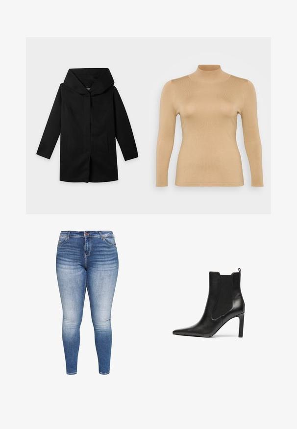 Sort frakke med lange ærmer, bred, struktureret hætte og lige snit, lagt fladt på en lys baggrund, ingen synlige knapper eller lynlåse.; Beige rullekravebluse med lange ærmer, ribbet tekstur, tætsiddende design og høj krage. Glat materiale uden synlige udsmykninger.; Blå denim skinny jeans med høj talje, der har en lysvasket finish, fem lommer og en knaplukning. Glat tekstur og tætsiddende design.; Sorte ankelstøvler i læder med spids tå, elastiske sider og stiletthæl. Glat tekstur og strømlinet design.