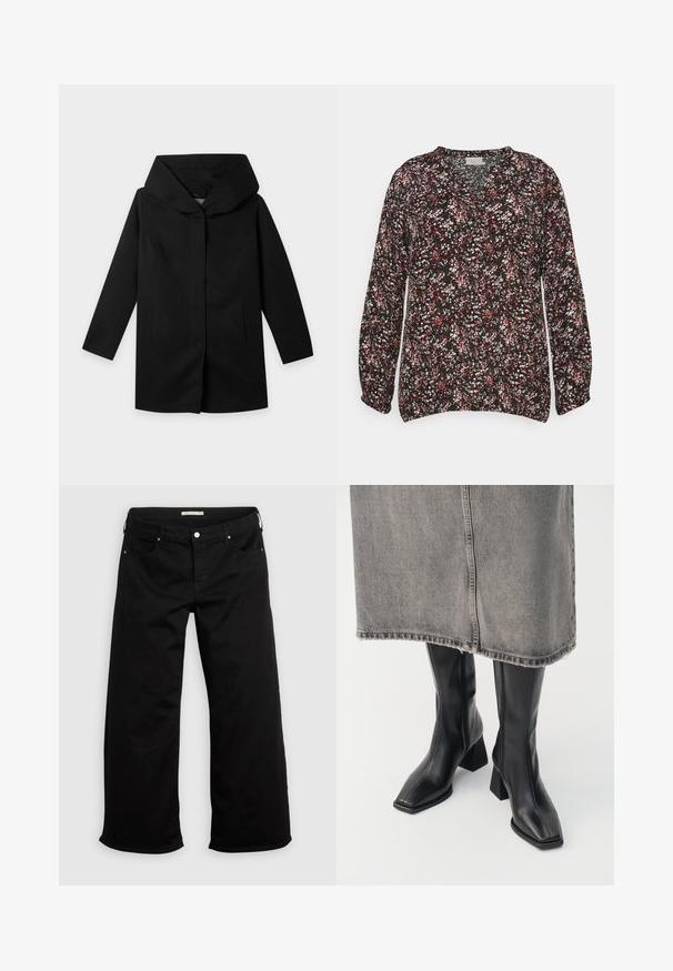 Abrigo negro de manga larga con capucha ancha y estructurada y corte recto, mostrado plano sobre un fondo claro, sin botones ni cremalleras visibles.; Blusa floral en negro con pequeños patrones en rosa, blanco y verde. Cuenta con escote en forma de V y mangas largas con fruncido. Fabricada en tejido ligero.; Pantalones negros de pierna ancha con cierre de botón y cremallera, presillas para cinturón y bolsillos delanteros y traseros sobre un fondo claro y liso.; Botas negras hasta la rodilla de cuero liso con punta cuadrada y tacón cuadrado. Llevadas con una falda de mezclilla gris con dobladillo desflecado.