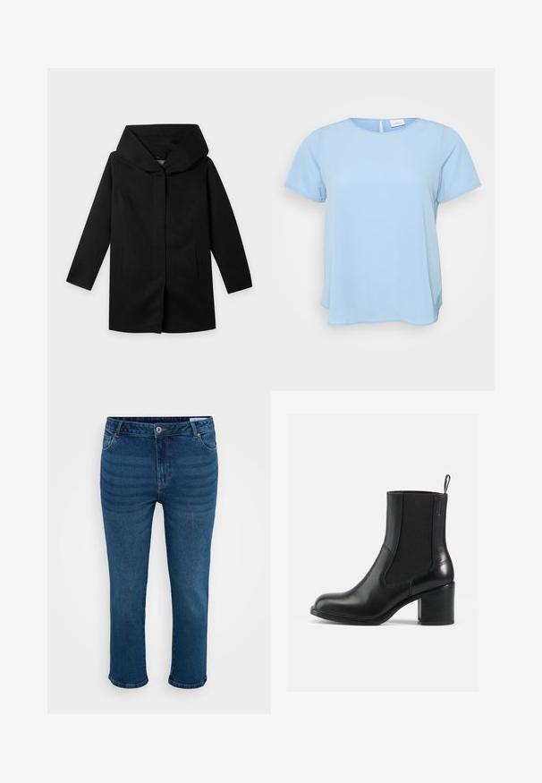 Sort frakke med lange ærmer, bred, struktureret hætte og lige snit, lagt fladt på en lys baggrund, ingen synlige knapper eller lynlåse.; ONLY Carmakoma CARVICA LIFE - Bluse - light blue; Mørkeblå denim jeans med lige ben, der har traditionelt fem-lomme design, sølvknap og subtile falmede linjer.; Sort læder ankelstøvle med elastiske sidepaneler, rund tå og blokhæl. Glat tekstur med minimale syninger.