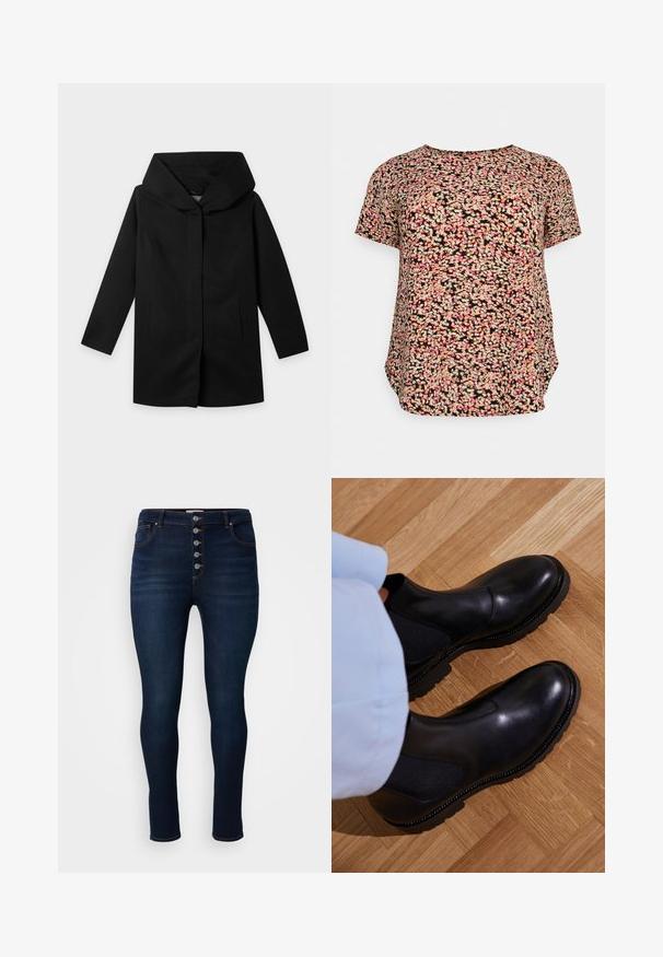 Abrigo negro de manga larga con capucha ancha y estructurada y corte recto, mostrado plano sobre un fondo claro, sin botones ni cremalleras visibles.; ONLY Carmakoma CARVICA LIFE - Blusa - black/neon ditsy; Jeans de mezclilla oscuros de talle alto y ajuste ceñido. Presentan cinco botones metálicos, costuras en contraste y un diseño clásico de cinco bolsillos.; Botas negras de tobillo hechas de cuero suave con paneles laterales elásticos, una suela de goma texturizada y costuras en contraste a lo largo del borde.