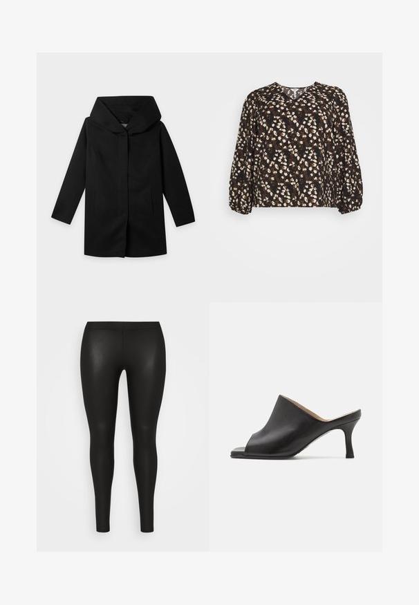 Abrigo negro de manga larga con capucha ancha y estructurada y corte recto, mostrado plano sobre un fondo claro, sin botones ni cremalleras visibles.; Object Curve OBJLEONORA V-NECK - Blusa - black; Pieces Curve PCNEW SHINY - Leggings - black; Selected ASHLEY - Mules de tacón - black