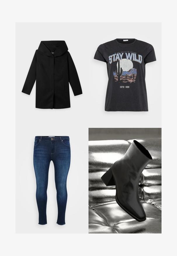 Abrigo negro de manga larga con capucha ancha y estructurada y corte recto, mostrado plano sobre un fondo claro, sin botones ni cremalleras visibles.; Camiseta de algodón negra con un estampado gráfico de una escena del desierto con cactus, una luna y la frase "MANTENTE SALVAJE" en letras azules.; Jeans de mezclilla azul oscuro, con un ajuste slim, diseño de cinco bolsillos y dobladillos deshilachados para un look casual.; Botín negro de tobillo hecho de material brillante, con punta cuadrada y tacón cónico, contra un fondo plateado brillante con almohadillado.